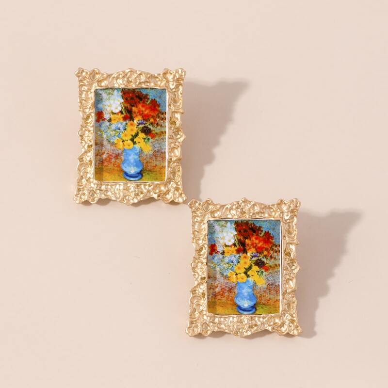 

1pair Painting Design Square Earrings, Multicolor