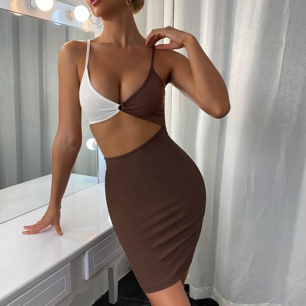 

Cut Out Color Block Cami Dress, Coffee brown