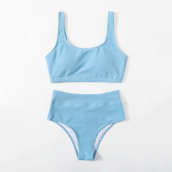 

Scoop Neck High Waisted Bikini Swimsuit, Blue