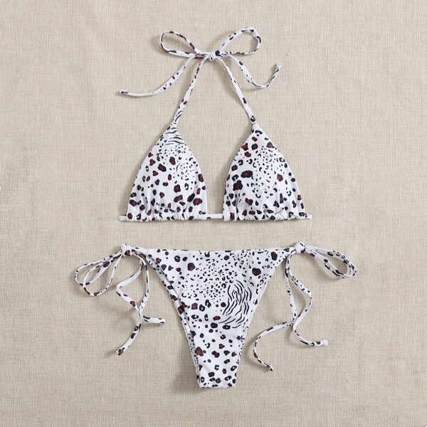 

Allover Graphic Halter Tie Side Bikini Swimsuit, Black and white