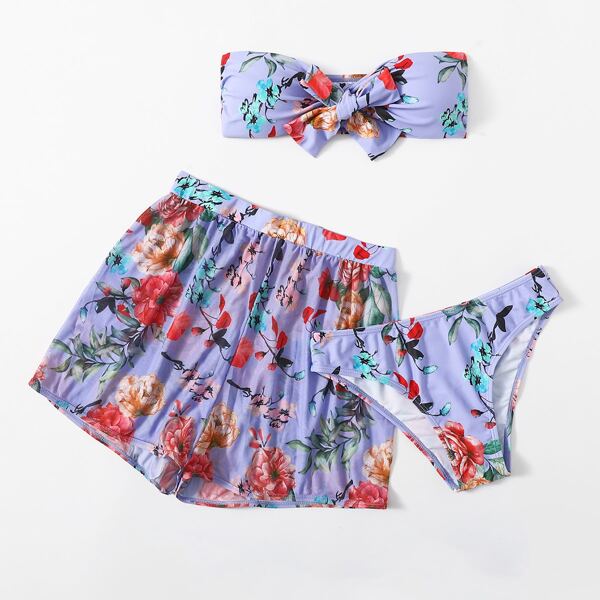 

3pack Floral Knot Front Bandeau Bikini Swimsuit, Purple