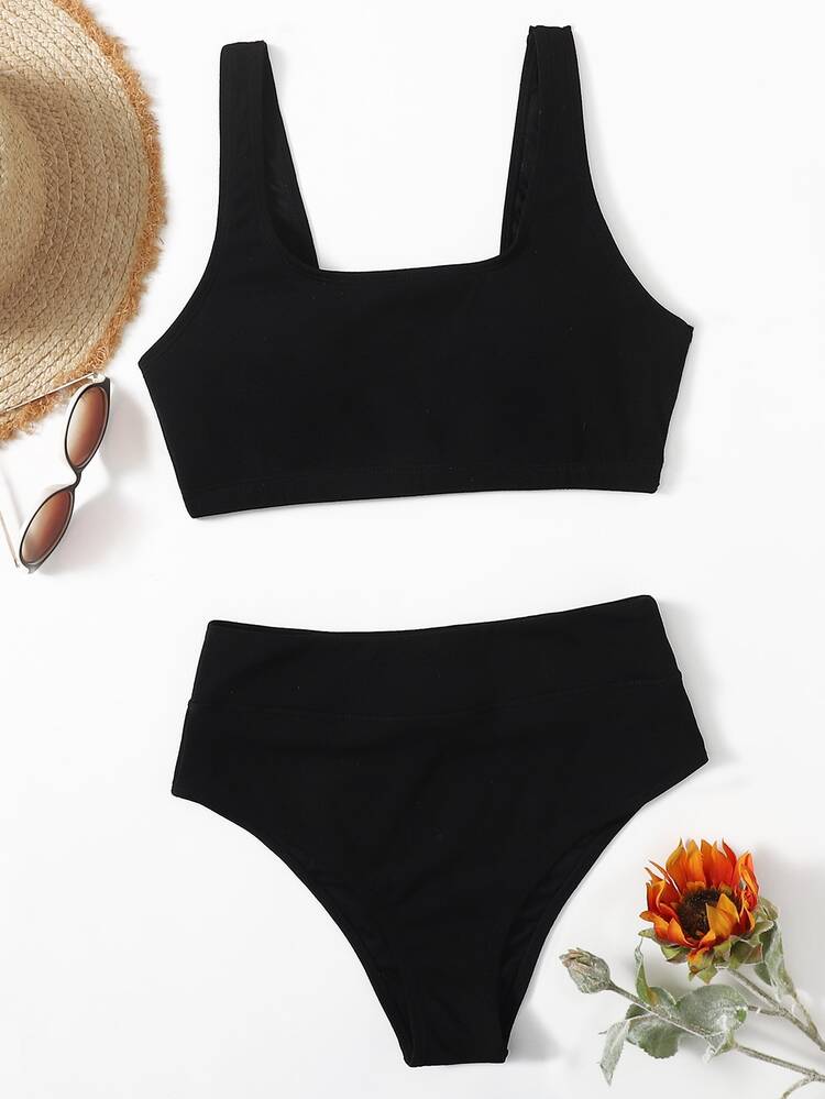 Bộ bikini cạp cao cổ cạp cao - màu đen - Xem 3
