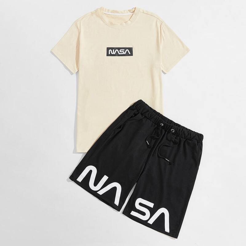 

Guys Letter Graphic Tee With Drawstring Track Shorts, Multicolor
