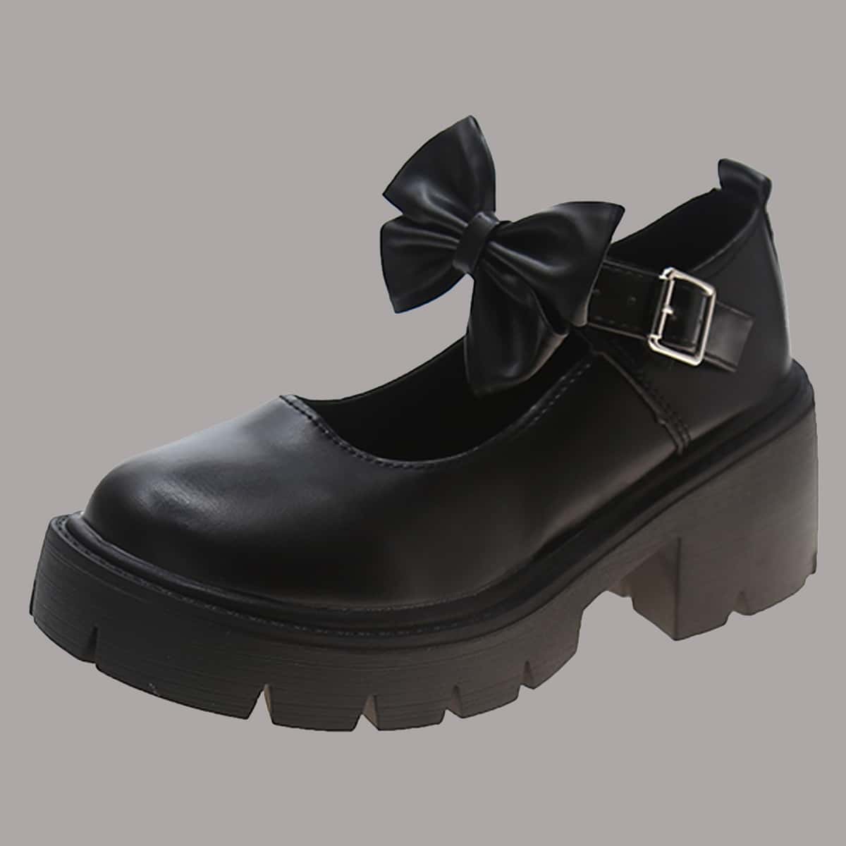 

Bow Chunky Heeled Mary Jane Pumps, Black