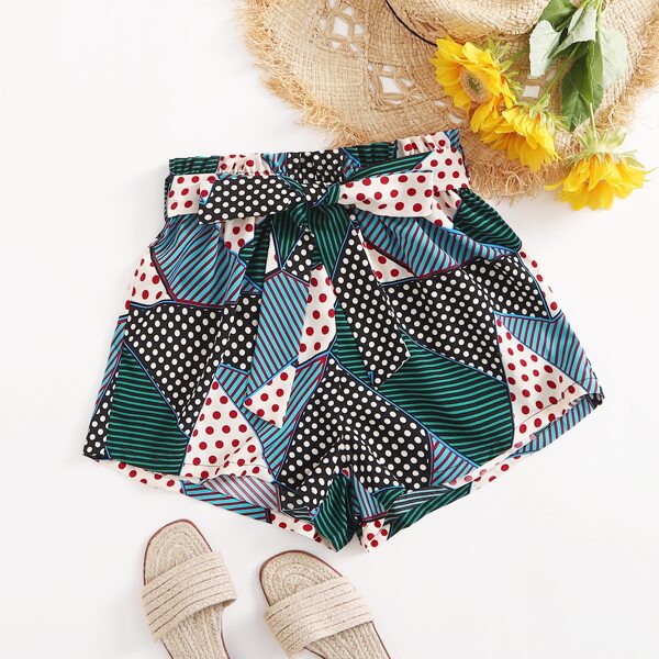 

Patchwork Self Belted Shorts, Multicolor