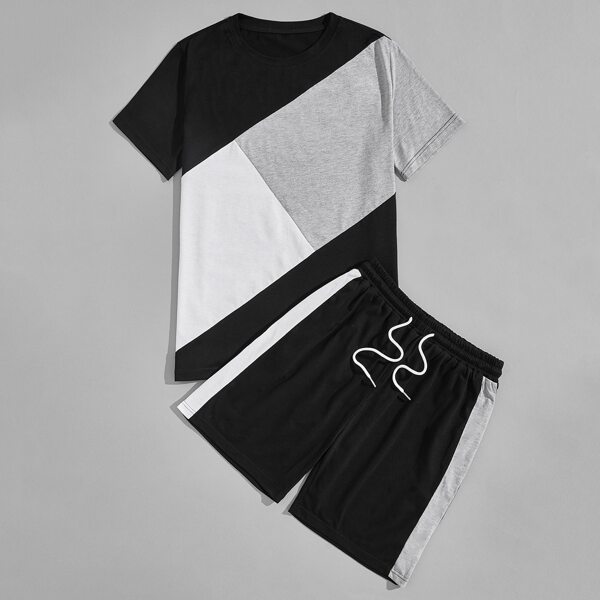 

Men Color Block Tee & Drawstring Waist Track Shorts, Multicolor