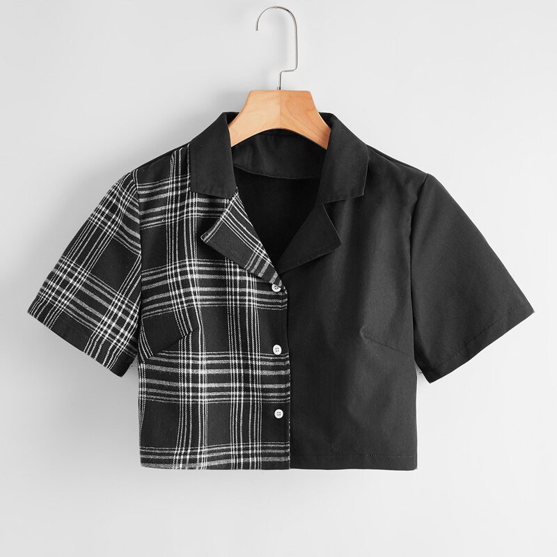

Contrast Plaid Crop Top, Black and white