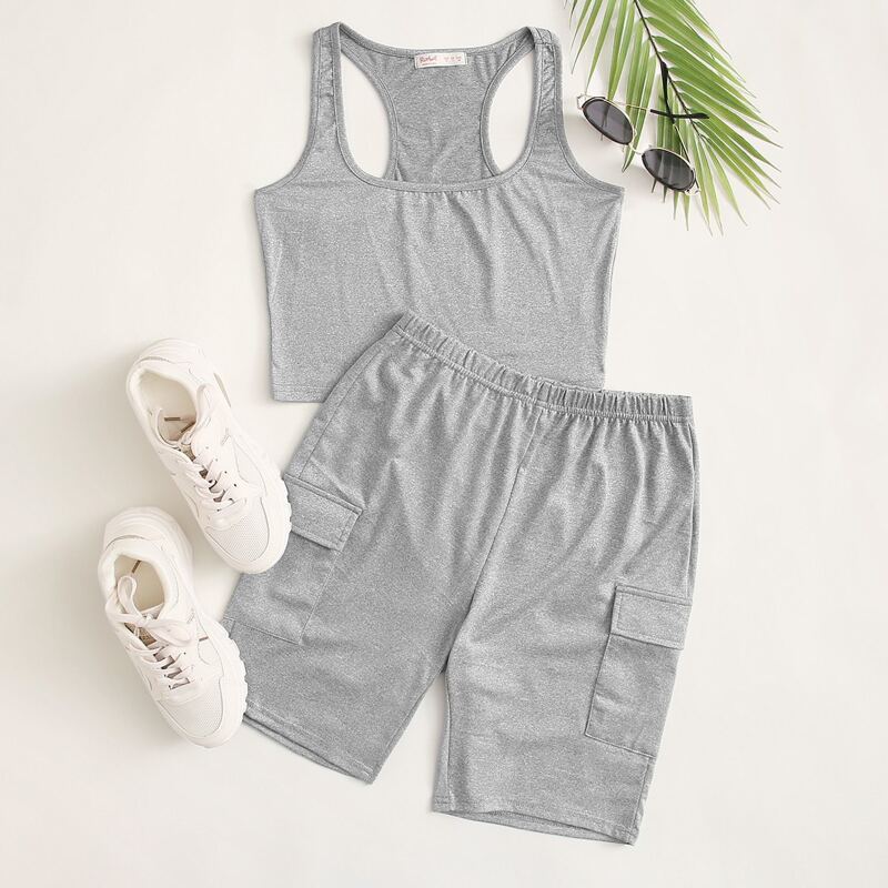 

Solid Tank Top & Cargo Shorts, Light grey