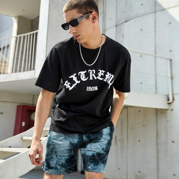 

Men Letter Graphic Tee & Tie Dye Shorts Set, Multicolor