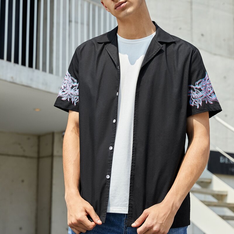 

Guys Chinese Dragon Print Shirt, Black