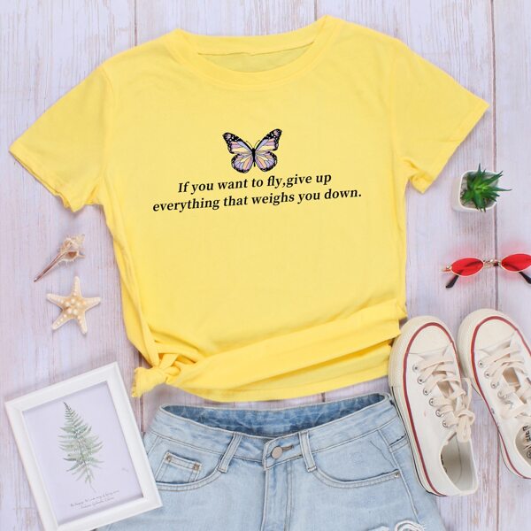 

Slogan & Butterfly Print Short Sleeve Tee, Yellow