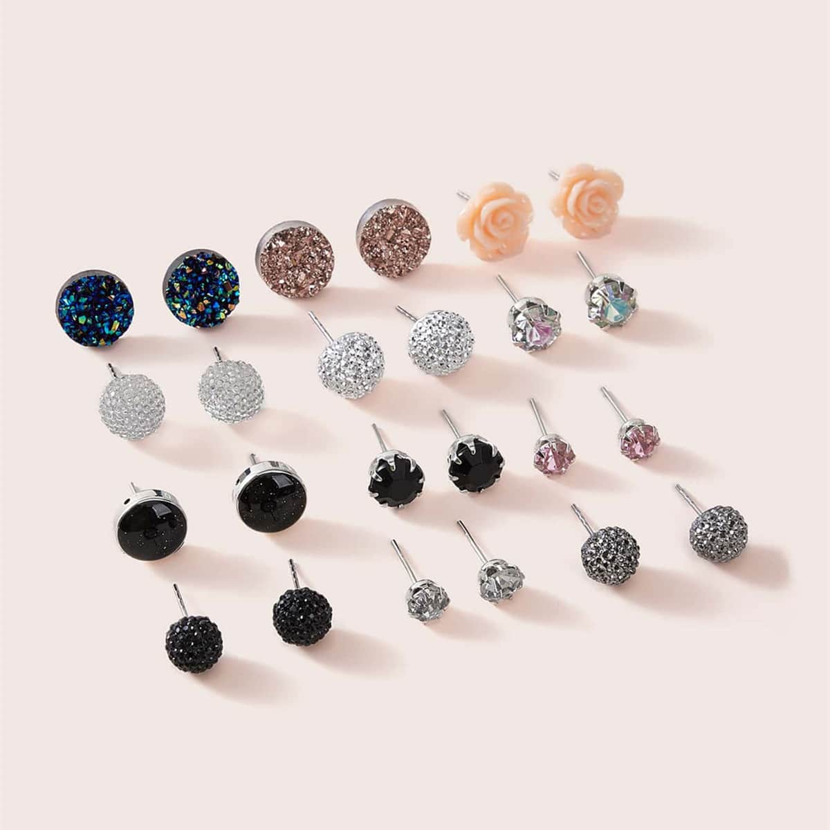 

12pairs Rhinestone & Flower Design Stud Earrings, Multicolor