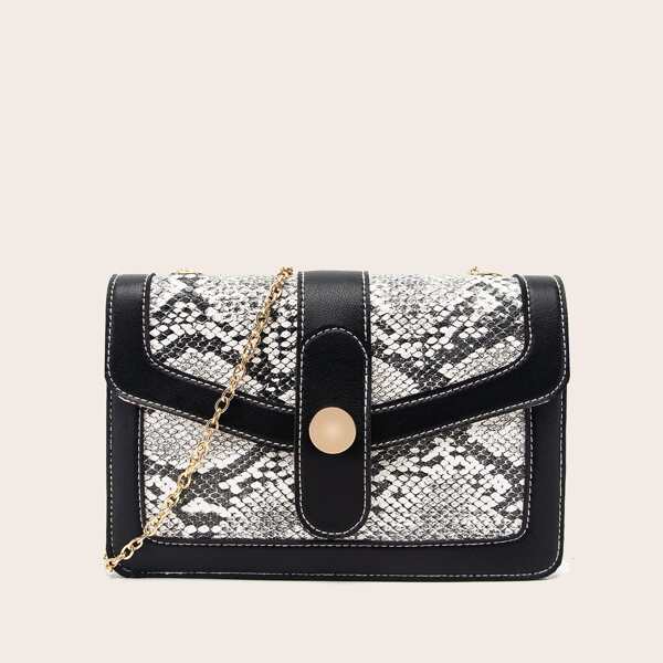 

Snakeskin Print Chain Crossbody Bag, Black and white