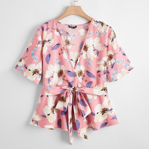 

Plus Allover Floral Wrap Belted Blouse, Multicolor