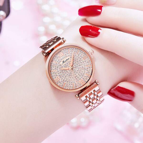 

Rhinestone Decor Round Pointer Quartz Watch