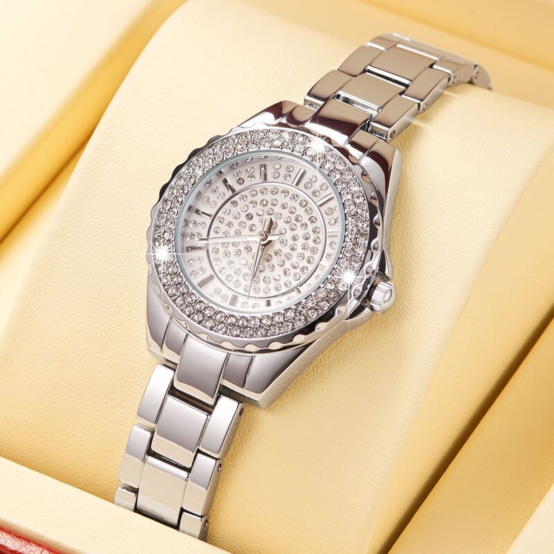 

Rhinestone Decor Round Pointer Quartz Watch