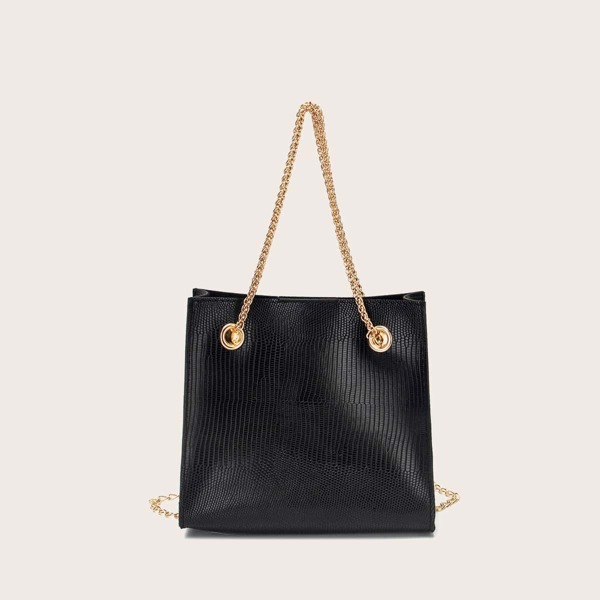 

Lizard Print Chain Shoulder Bag, Black