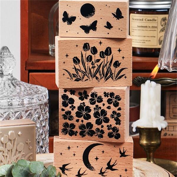 

1pc Plant Print Random Wooden Stamp, Khaki