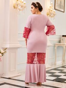Mulvari Plus Flounce Sleeve Embroidery Mesh Insert Mermaid Hem Dress - Baby Pink - View 2