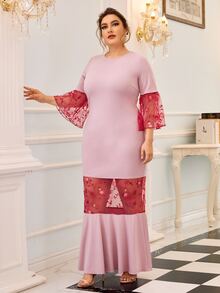 Mulvari Plus Flounce Sleeve Embroidery Mesh Insert Mermaid Hem Dress - Baby Pink - View 4