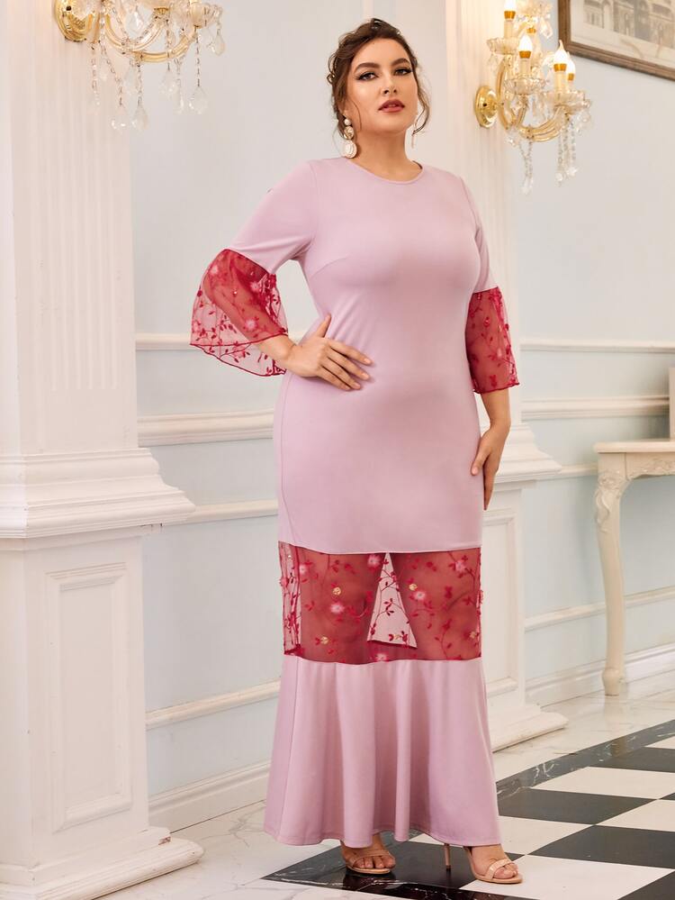 Mulvari 大碼荷葉邊袖刺繡網紗拼接魚尾下擺連衣裙 - 淺粉色 - 查看 1