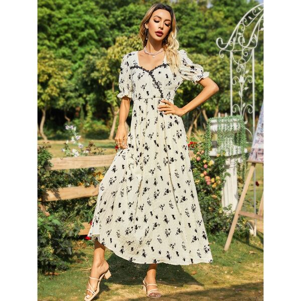 

Sweetheart Flounce Sleeve Floral Dress, Beige