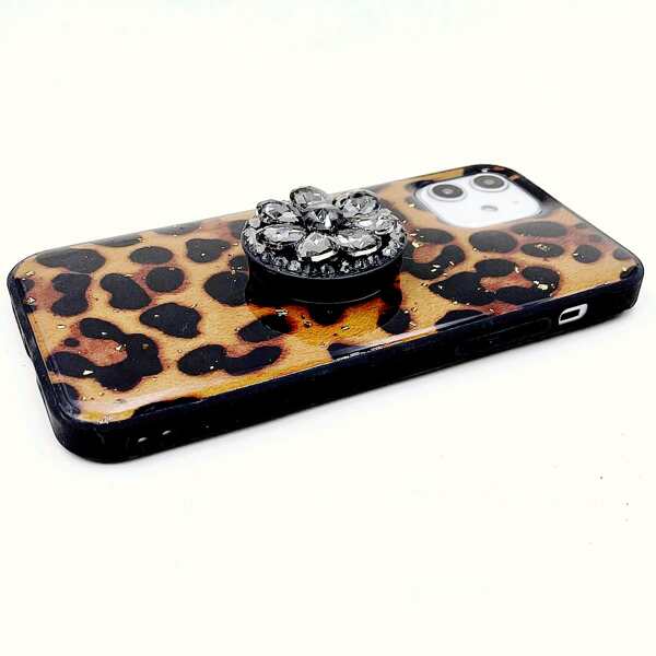 

1pc Leopard iPhone Case & 1pc Rhinestone Phone Holder, Multicolor