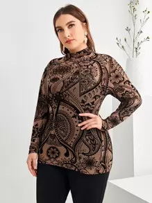 SHEIN Privé 大碼小高領佩斯利圖案網紗上衣 - 彩色 - 查看 3