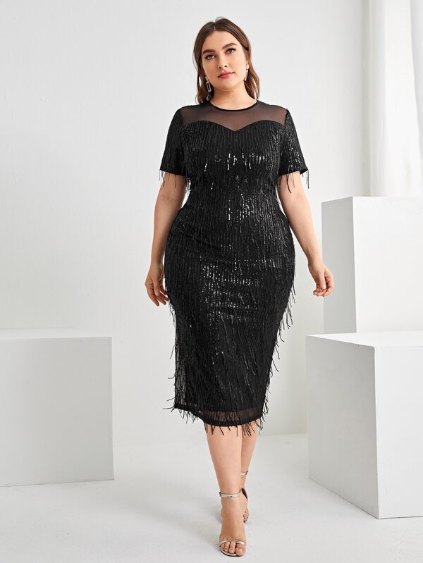 SHEIN Belle Plus Mesh Yoke Sequin Fringe Dress SHEIN UK