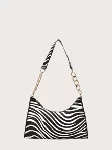 Zebra Striped Shoulder Bag - Black and White - View 1