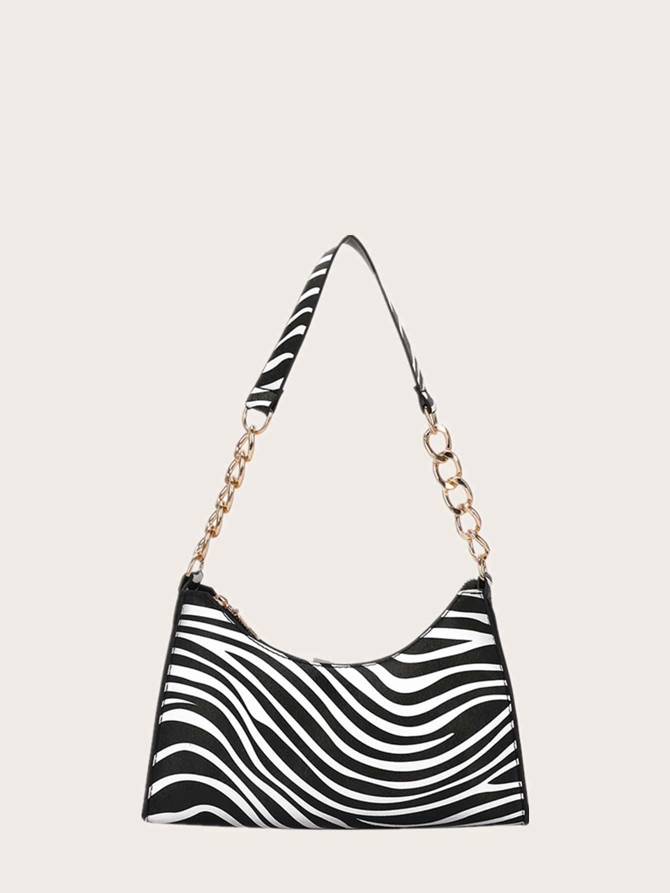 Zebra Striped Shoulder Bag - Black and White - View 1