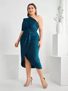 SHEIN Belle Plus Asymmetrical Neck Ruched Asymmetrical Hem Glitter Bridesmaid Dress Elegant Cocktail Semi Formal Prom Wedding Guest Dress, For Birthday, Graduation, Dinner, Homecoming Party Dress - Teal Blue - View 1