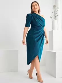 SHEIN Belle Plus Asymmetrical Neck Ruched Asymmetrical Hem Glitter Bridesmaid Dress Elegant Cocktail Semi Formal Prom Wedding Guest Dress, For Birthday, Graduation, Dinner, Homecoming Party Dress - Teal Blue - View 3