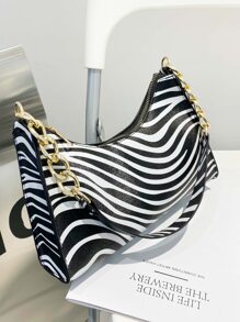 Zebra Striped Shoulder Bag - Black and White - View 4