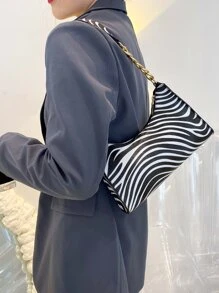 Zebra Striped Shoulder Bag - Black and White - View 5