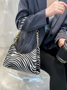 Zebra Striped Shoulder Bag - Black and White - View 6