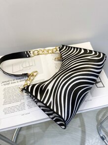 Zebra Striped Shoulder Bag - Black and White - View 7