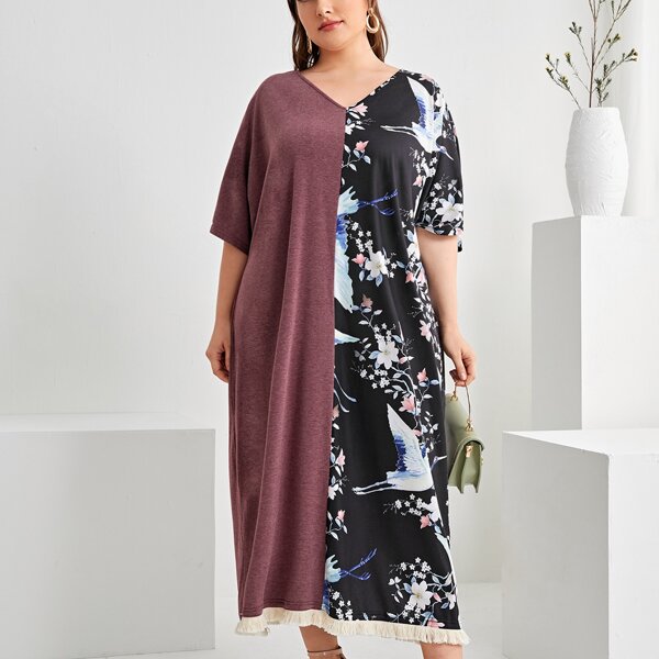 

Plus V-neck Raw Hem Crane and Floral Print Spliced Dress, Multicolor