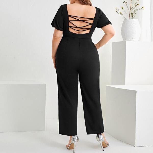 

Plus Puff Sleeve Crisscross Backless Jumpsuit, Black