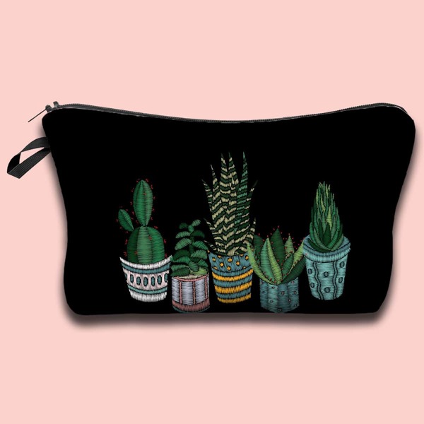 

Cactus Print Makeup Bag, Black