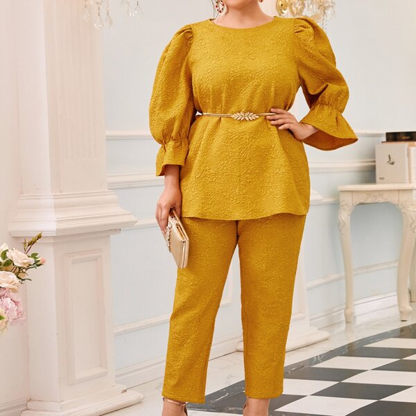 

Plus Flounce Sleeve Jacquard Top Without Belt & Pants Set, Mustard yellow