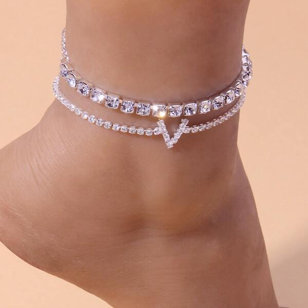 

2pcs Rhinestone Letter Decor Anklet, Silver
