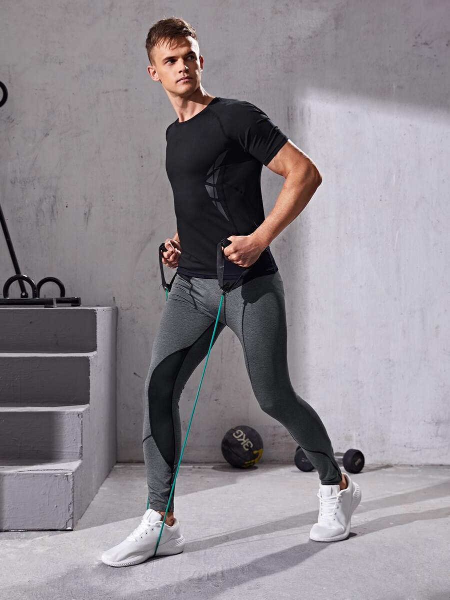 Men Contrast Panel Sport Tights - Dark Grey - View 1