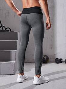 Men Contrast Panel Sport Tights - Dark Grey - View 2