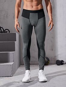 Men Contrast Panel Sport Tights - Dark Grey - View 4