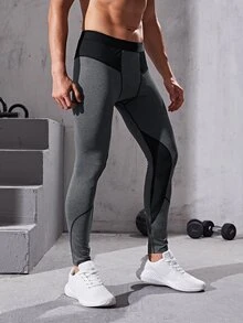 Men Contrast Panel Sport Tights - Dark Grey - View 5