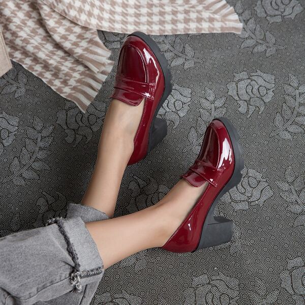 

Patent Chunky Heeled Loafer Pumps, Burgundy