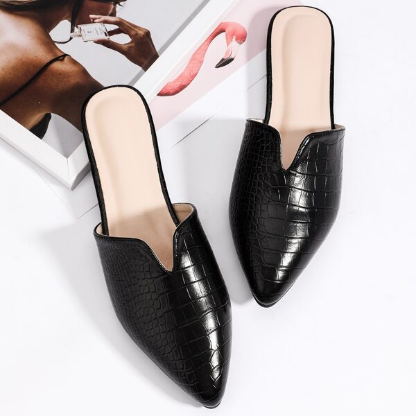 

Croc Embossed Flat Mules, Black