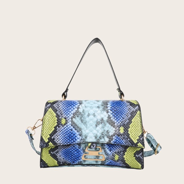 

Snakeskin Print Satchel Bag, Blue