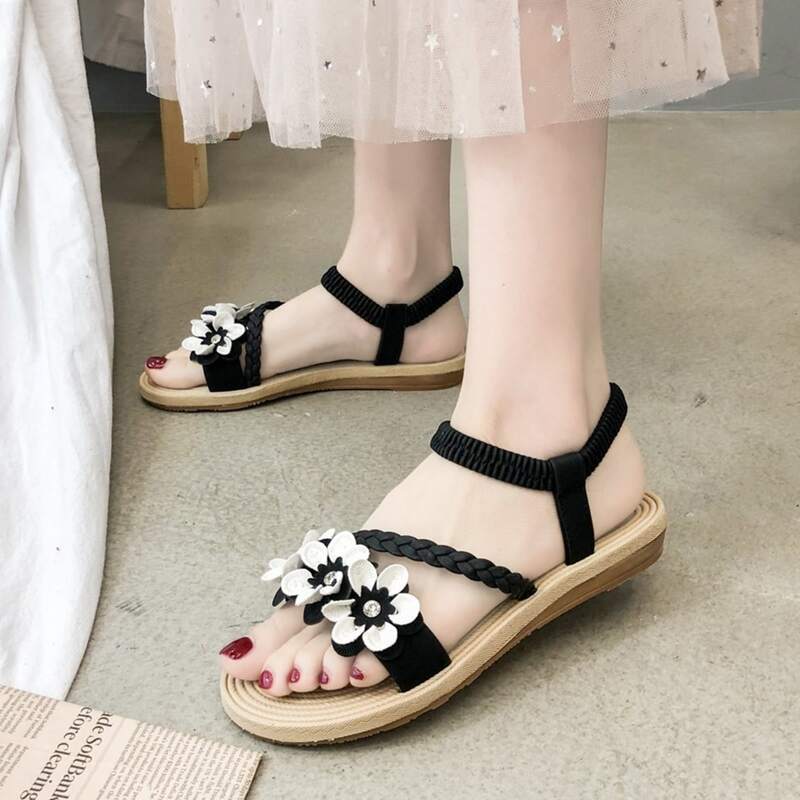 

Floral Applique Ankle Strap Sandals, Black and white